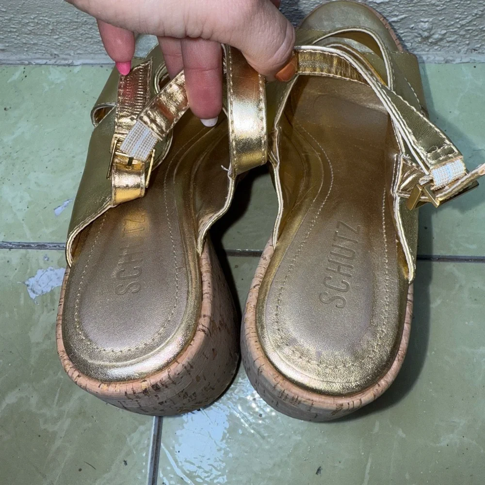 Schutz‎ Gold Platform Sandals Cork Block Heel Disco Glam Boho- 7.5